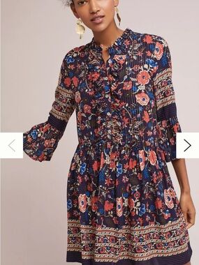 Anthropologie Navy Floral Ruffle-Front Tunic Swing Dress